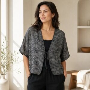 Eileen Fisher System Boxy Linen Gauze Jacket Silk Trim Gray M